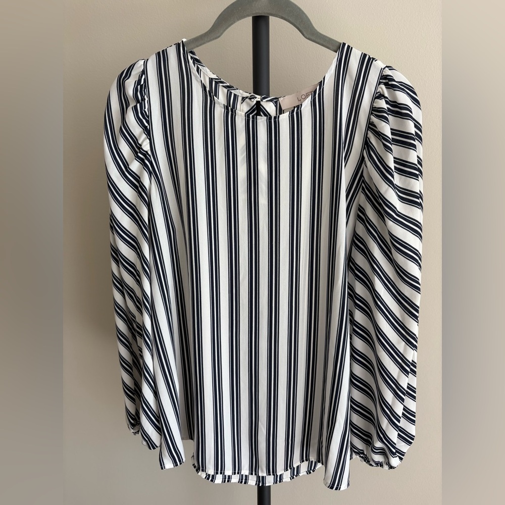 LOFT Navy and White Striped Puff Sleeve Blouse